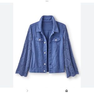 SOFT SURROUNDINGS Women’s Blue Lace Sleeve Denim Linen Jacket Soft L NEW